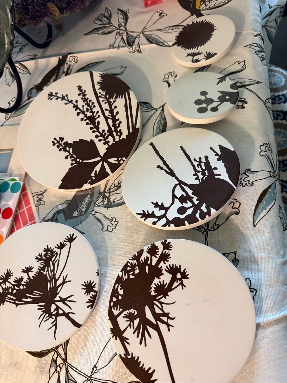 West End Round Botanical Wall Coasters White w/ Dark Brown Silhouettes -set of 5